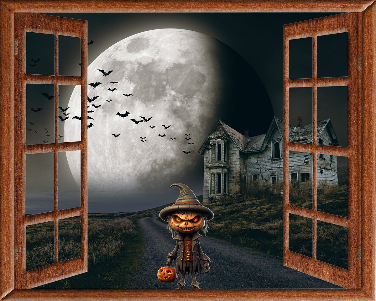 Pumpkin Head Trick or Treater Looking in Window View Creepy House Moon ...