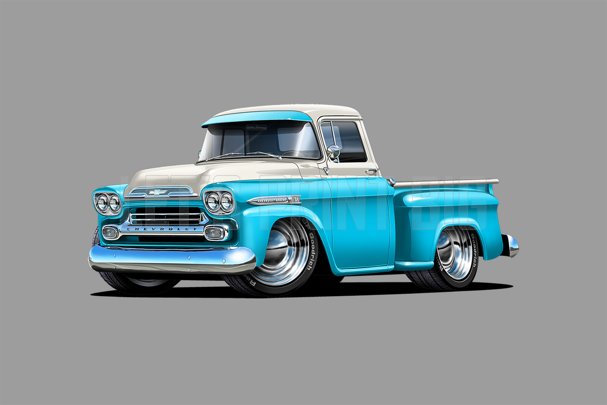 Car Art 1959 Apache Baby Blue and White Pickup Truck Wall Decal – Let's ...